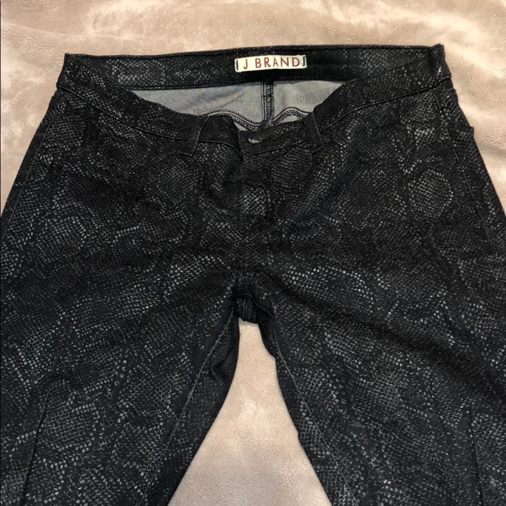 J Brand black skinny python coated jeans